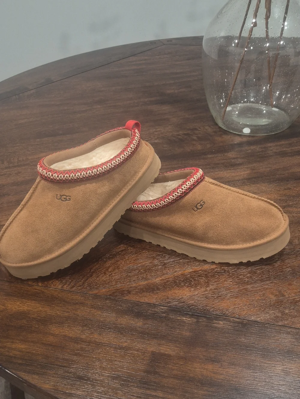 UGG Chestnut Suede Slip-On Shearling Moccasins with Red Trim Youth- 6 / Womens-8